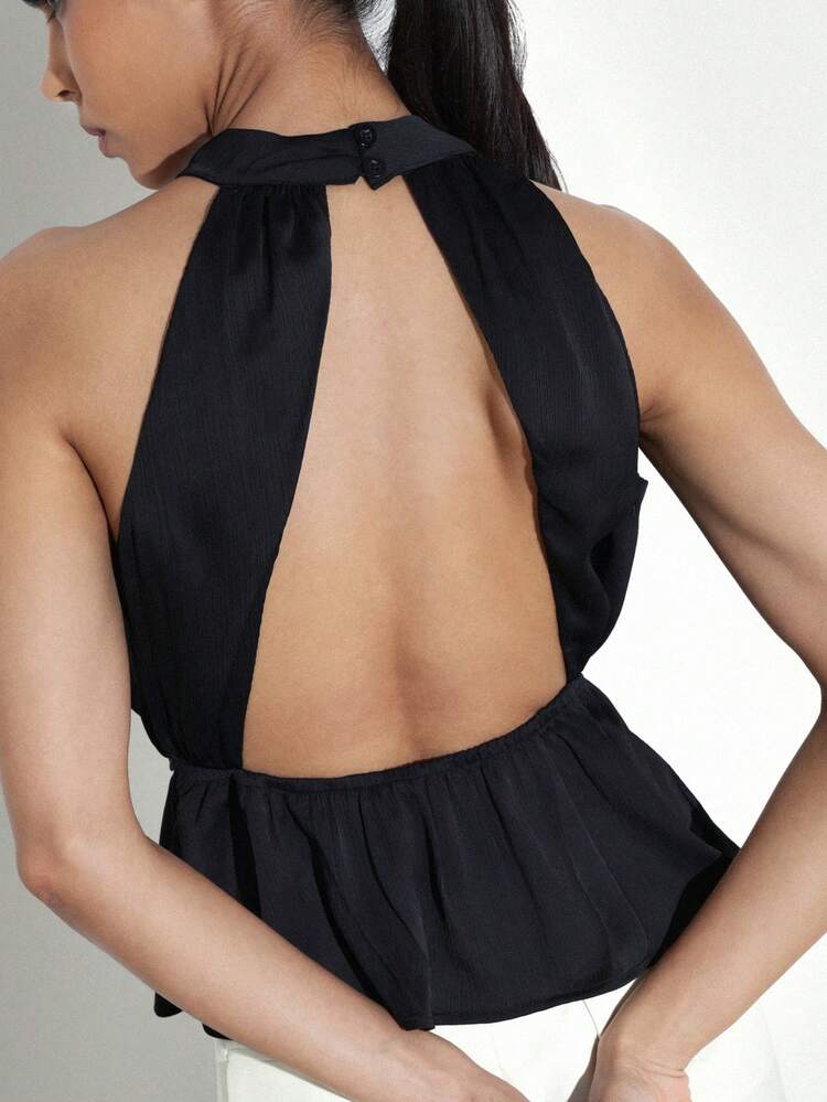 KSTM Women's Halter Neck Peplum Blouse With Keyhole Front And Gold Belt Detail Elegant Evening Top