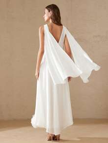 BELROSIE Women's Elegant White Summer Vacation Long Maxi A-Line Dress,Mesh Round Neck Sleeveless Crinkle Fabric Ruffle Hem French Party Wedding Guest - White - View 2
