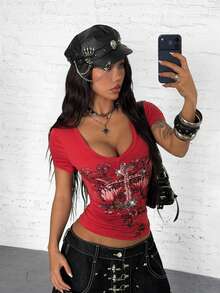 StreetHx Women's Red V-Neck Short Sleeve T-Shirt, Front Cross Rhinestone Print, Low Neckline, Slim Fit, Waist Cinched, Rock, Punk, Music Festival, Streetwear, Y2K, Sexy - Red - View 1