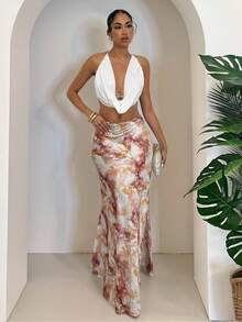 Glamine 女士A字裙，优雅百搭缎面印花裙，夏季时尚修身长裙，长款真丝裙，大地色系长裙，夏季性感长裙，扎染长裙，印花长裙，女士长裙，鱼尾裙 - 咖啡棕 - 查看 1