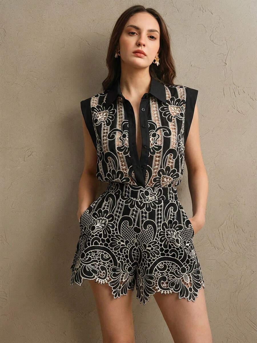 Anewsta Elegant Hollow Embroidery Sleeveless Top And Shorts Set, Low-Key Luxury Vintage Style - Black - View 1