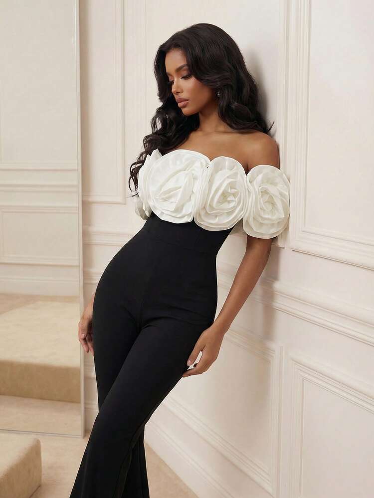 New Elegant Off-Shoulder Floral Jumpsuit, Slim Fit For Party, Birthday, Occasion