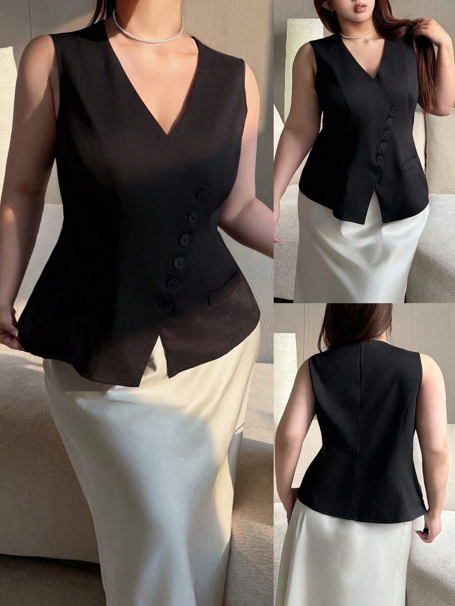 Vibekara Áo vest công sở thanh lịch, tối giản, cổ chữ V, cài cúc phía trước, cỡ lớn, thích hợp cho nữ đi làm. - màu đen - Xem 1