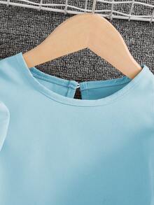 SHEIN Elladie kids Young Girl Minimalist Fashion Ruffle Trim Short Sleeve T-Shirt And Pants Set - Baby Blue - View 3