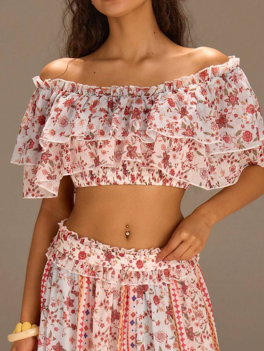 Athîral 女士度假休闲碎花露肩荷叶边短款上衣和迷你裙两件套 - 彩色 - 查看 1