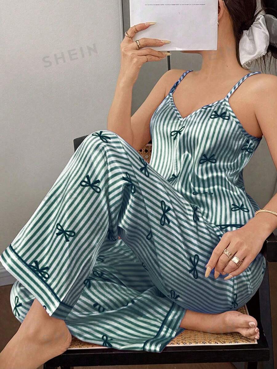 Napfluff Conjunto de pijama de mujer con pajarita y top de camisola con estampado de rayas de seda sintética y pantalones - Verde Oscuro - Ver 1