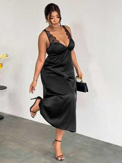 Firerie Vestido de verano elegante y sexy de talla grande con parches de encaje de unicolor sin mangas
