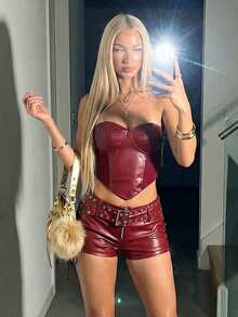 SHEIN ICON Áo quây nữ thời trang Y2K màu trơn chất liệu da PU, vạt áo bất đối xứng - Màu Đỏ Sâu - Xem 3