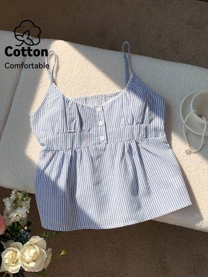 Comfortcana Plus Size Striped Button-Up Casual Vacation Style Cami Top, Spring/Summer 2026 New Arrival Cotton Top Summer Top Striped Top