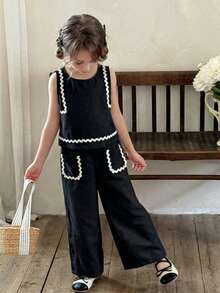 LMoss Kids 两件套少女纯色圆领吊带背心和宽松休闲裤套装 - 黑色 - 查看 4