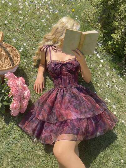 SHEIN MOD Sheer Organza Fabric Dress, Deep Burgundy Color With Subtle Multicolor Undertones, Layered Skirt Design, Fitted Bodice With Underwire, Delicate Ruffle Trim, Adjustable Ribbon Shoulder Straps, Bow Accent At Neckline, Lightweight And Translucent Material, Soft Texture, Feminine Style, Romantic Silhouette, Flared Layers, Gathered Waist, Flowy Movement, Elegant Finish, Flattering Cut, Semi-Transparent Overlay, Rich Color Palette, Charming Detailing, Graceful Drape, Refined Craftsmanship.