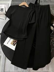 一件式短袖休闲印花春夏少女夏季通勤套装，运动休闲直筒裤，短袖轻便舒适两件套。 - 黑色 - 查看 2