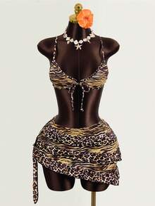 Zestiva 2026新款豹纹三件套泳衣，性感比基尼套装，女士沙滩连衣裙，豹纹泳装，女士比基尼套装，女士两件套泳衣，女士泳装，动物纹比基尼 - 黃色 - 查看 3