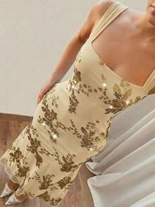 SHEIN Glamour 女士花卉亮片露背交叉粗肩带连衣裙 - 金色 - 查看 5