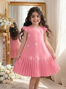 Elladie kids 1pc Girls' Summer Round Neck A-Line Dress With Ruffle Sleeves, Pleated Hem, Floral Decor, Minimalist Casual Vintage Style, Suitable For Daily Wear, Red Floral Applique Dress Flowerance Dress Girls Pleated Dress Kids Pink Elegant Dress Pink Dress Girls Pleated Dress Girls Ruffle Sleeve Dress Girls - Hot Pink - View 4
