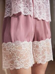 Moireta Women's Contrast Color Lace Patchwork Pajama Set (Top And Shorts) - Dusty Pink - View 6
