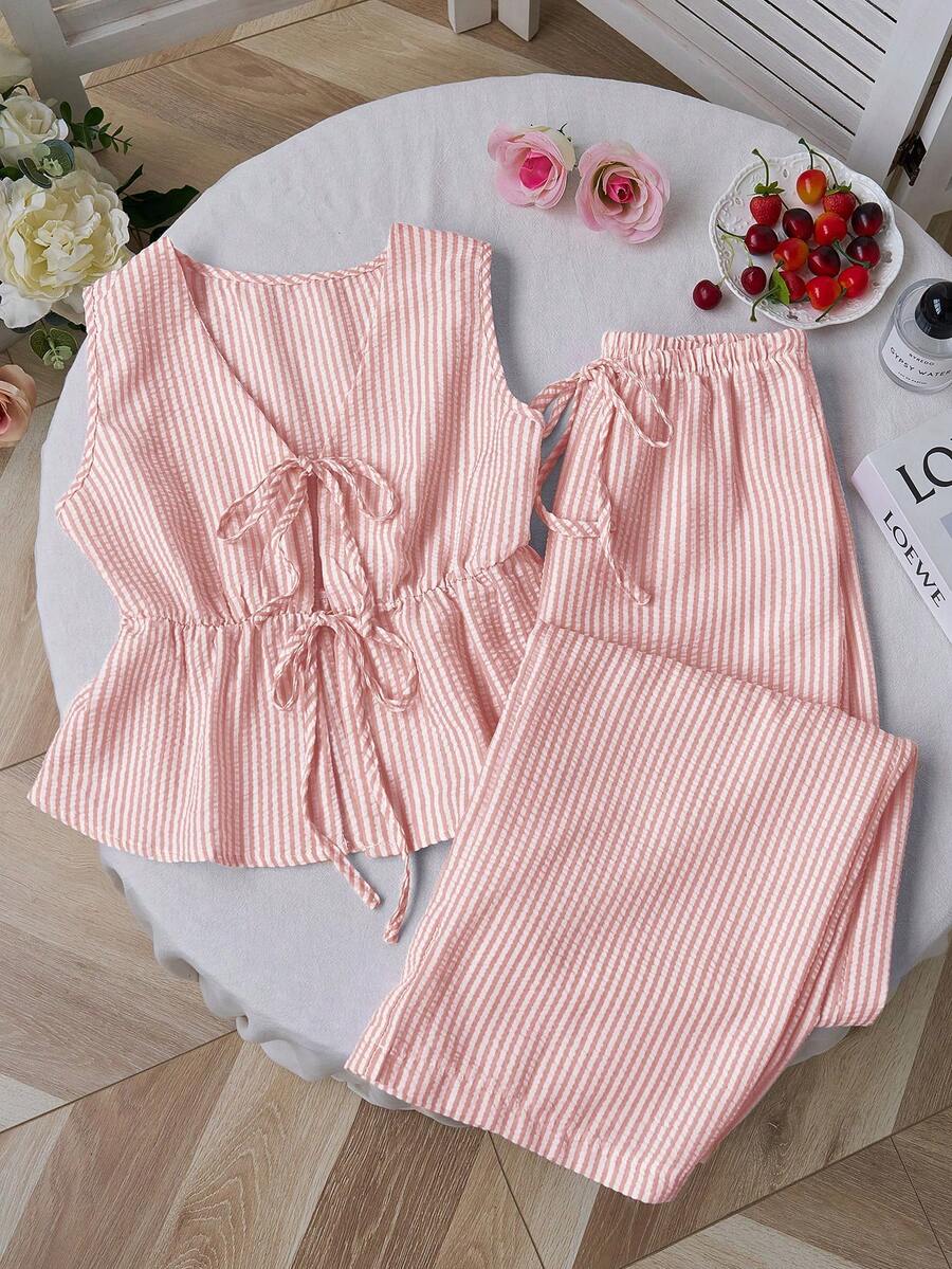 Sweetra European And American Summer New Pink Striped Lace-Up Minimalist Versatile Straight Leg Pants, Women's Two Pieces Set - Red - View 1