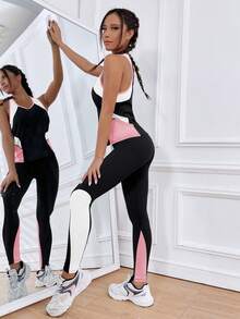 SHEIN Dewbera Women's Black And Pink Contrast Color Patchwork Camisole And Leggings Gym Workout Set,Summer Athleisure Activewear Curve 2 Piece Jogging Running Suit - Pink - View 5
