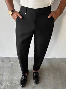 Manfinity Homme 男士休闲口袋纽扣百搭日常裤 - 黑色 - 查看 7