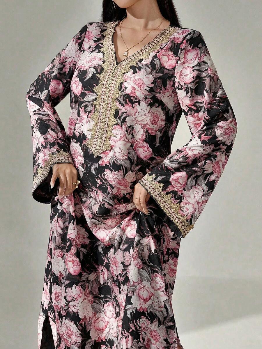 Al Najma Vestido de manga larga con estampado floral, patchwork de ganchillo, vestido elegante y modesto de línea A tipo kaftan y jalabiya, para fiesta de noche/invitada de boda/aniversario/uso diario - Negro - Ver 1