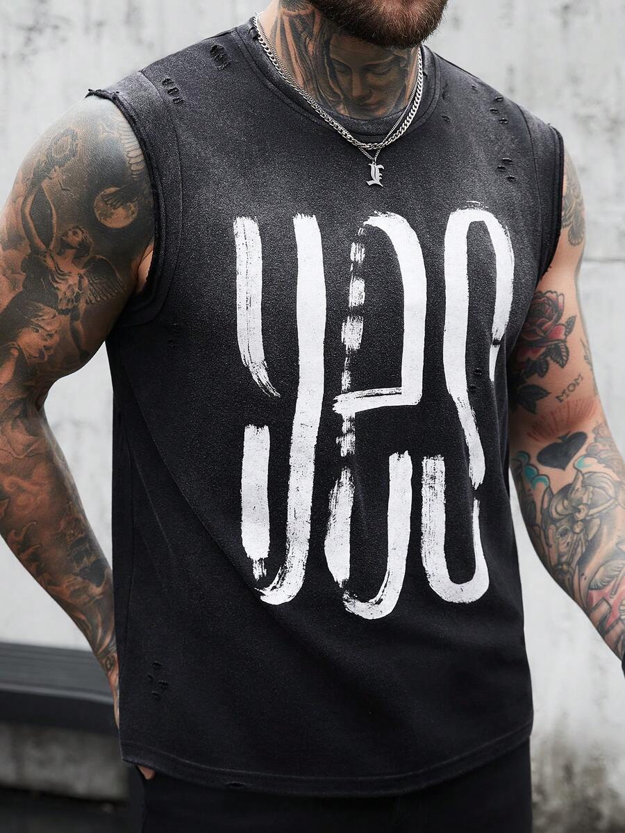Manfinity Homme Men's Street Style Letter Print Distressed Texture Jacquard Crew Neck Sleeveless Fashion Tank Top - Black - View 1