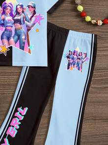 色彩鲜艳的蓝黑撞色，K-Pop 超级巨星款，69，少女休闲卡通图案圆领短袖上衣和喇叭裤两件套，适合夏季穿着 - 彩色 - 查看 5