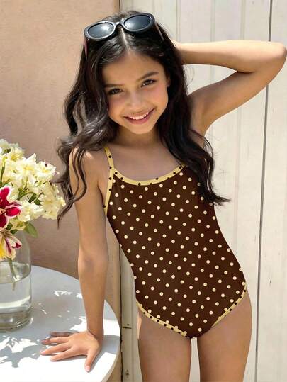 少女休闲简约波点连体泳衣，适合夏季穿着，波点图案，海滩度假拍照搭配，夏季假期，美观泳衣，泳池派对，夏令营，田园风，沙滩装
