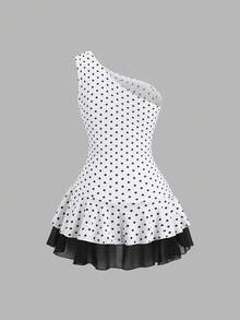 Sweetra 女士波点印花系带露肩设计时尚连衣裙 - 黑與白 - 查看 2