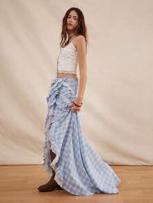 Easelle 波西米亚音乐节蕾丝拼接高低摆飘逸性感女裙 - 藍色 - 查看 4