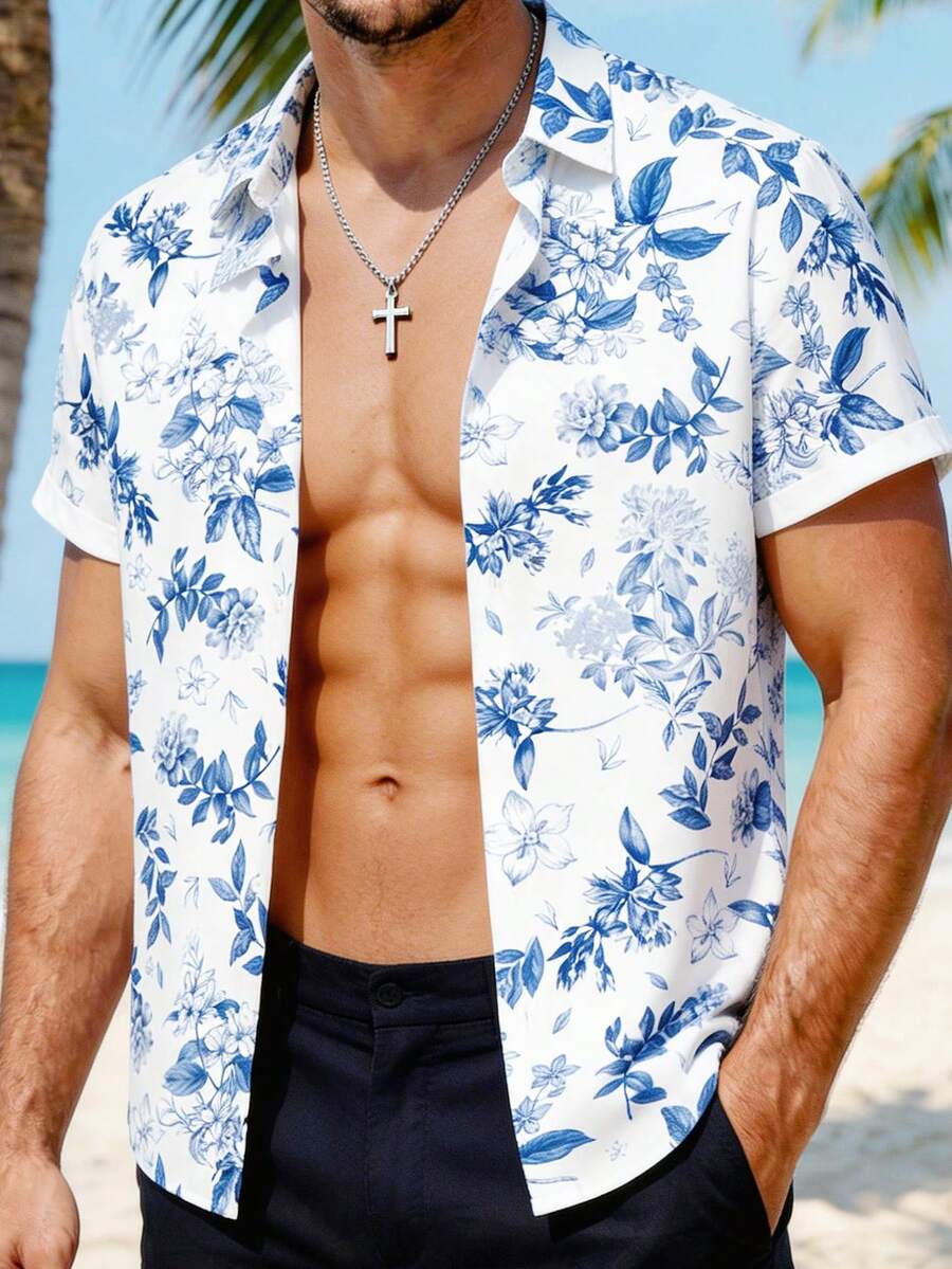 VIVINTIMO 男士热带花卉印花度假衬衫，时尚百搭 - 彩色 - 查看 1