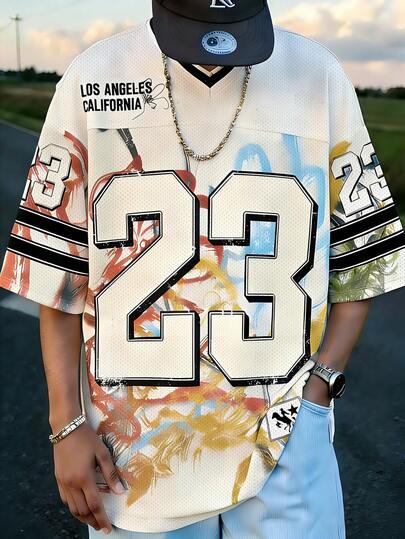 Manfinity EMRG Men's Vintage Graffiti 23 Jersey V-Neck Loose T-Shirt