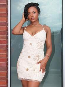 Steph T Women's Mesh Backless Tie-Up Elegant Romantic Sexy Date Dress, Evening Cocktail Party Dress, Wedding Guest Dress, Holiday Vacation Dress, Girls' Night Out, Clubwear, Dinner Date Outfit Sequin Dress - Apricot - View 1