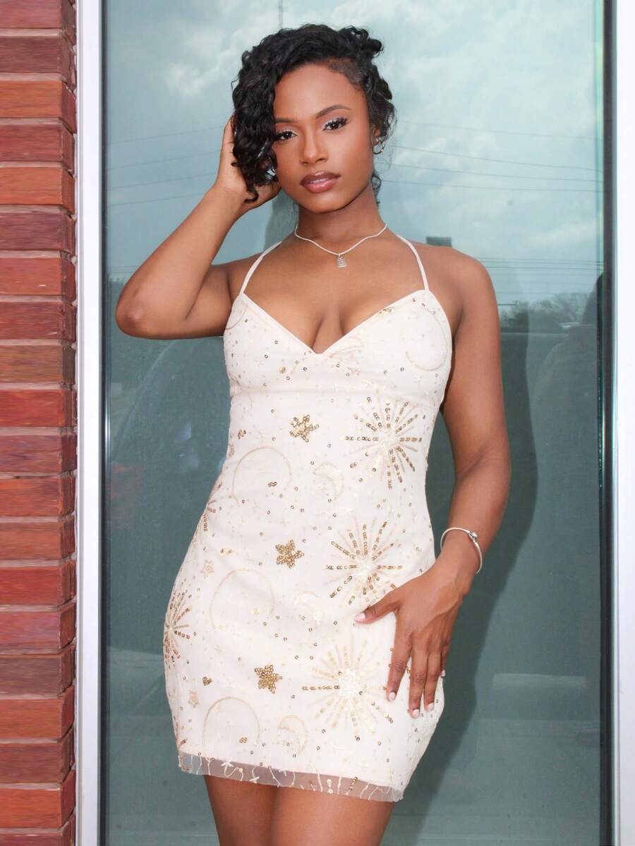 Steph T Women's Mesh Backless Tie-Up Elegant Romantic Sexy Date Dress, Evening Cocktail Party Dress, Wedding Guest Dress, Holiday Vacation Dress, Girls' Night Out, Clubwear, Dinner Date Outfit Sequin Dress - Apricot - View 1