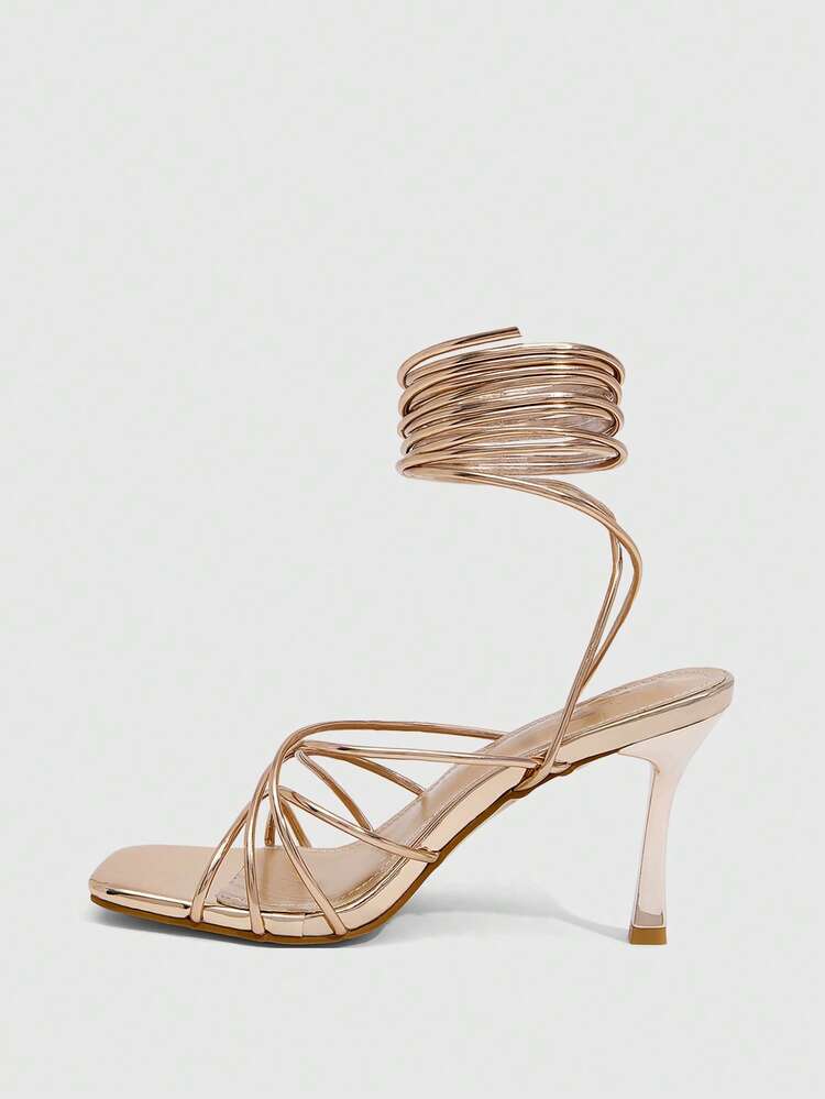CUCCOO SZL Women's Champagne Color Square Toe Strappy High Heel Sandals, Sexy Fashion Party Dress Heels For Summer Prom Heels
