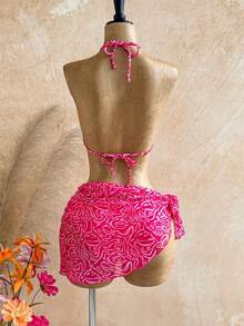 Soleia Summer Outfit For Women Pink Bikini Women's Summer Vacation Beach All-Over Print Halter Bikini Set - Multicolor - View 2