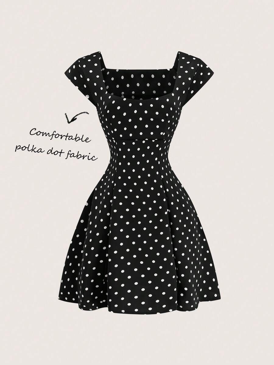 Olithes 女士优雅法式2026春夏度假及日常波点方领A字短裙 - 黑與白 - 查看 1