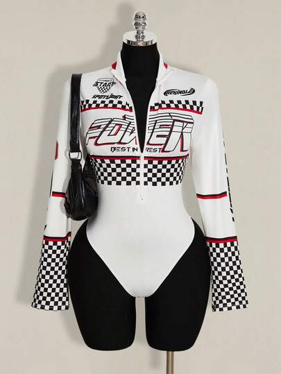 SHEIN ICON Plus Size Women's Bodysuit With Checkered Racing Style Pattern, Red Fitted