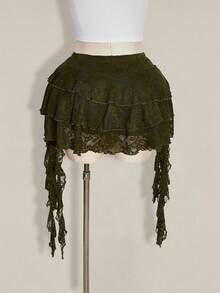 SHEIN ICON 大码度假休闲性感白色蕾丝荷叶边迷你裙，配有安全短裤，适合夏季、音乐节和返校季穿着。 - 軍綠色 - 查看 2