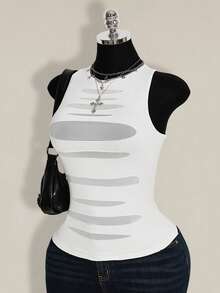 SHEIN ICON Plus Size Women Round Neck Mesh Patchwork Sheer Fitted Casual Top - White - View 5