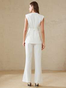 Aveloria Rosie 优雅女士简约商务套装，饰以串珠和水钻，搭配直筒阔腿裤 - 白色 - 查看 6