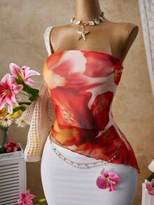 Zolique Yellow Floral Print Backless Cropped Camisole Top, Suitable For Beach Wear - Multicolor - View 4