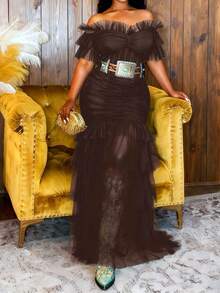 Veslaya 大码女装春夏新款弹力腰带波西米亚风透视露肩褶皱时尚网纱连衣裙，适合音乐节、复活节休闲场合、度假、邮轮旅行、海滩、日光浴、休闲度假、海滩活动等场合。棕色连衣裙，优雅高贵。 - 棕色 - 查看 3