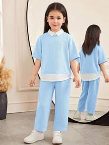 SHEIN Bộ đồ thể thao nữ trẻ trung, thanh lịch, gồm áo sơ mi cổ bẻ dáng rộng, vai rớt, tay ngắn, chất liệu dệt họa tiết phối màu, kết hợp với quần ống đứng. - Màu xanh nhạt - Xem 4