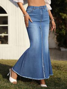 SHEIN Holidaya Women's Summer Vacation Denim Mermaid Skirt - Medium Wash - View 1