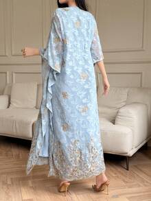 DAZY Vestido de verano elegante con cuello en V holgado y textura bordada con flores para mujeres - Azul - Ver 2