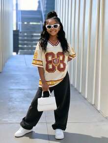 Tween Girls Loose Fit Graphic Tee, Casual, Versatile, Suitable For Outings, Sister Photo Shoots, Park Visits, Camping, Vacations, Daily Casual Wear - Multicolor - View 3