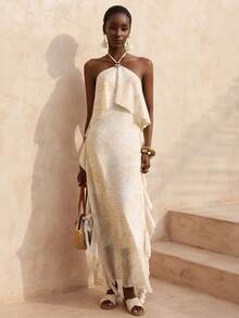 Vesra Women's Elegant Summer Vacation Floral Print Halter Neck Ruffle Hem Dress - Multicolor - View 5