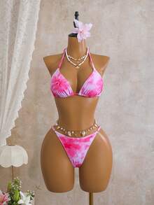 Swim Vcay 3pcs Women's Swimsuit Set, Pink Floral Random Print Halter Top, Low Waist Bottoms, Ruffled Double-Layer Skirt, Cute & Sexy Beach Style Bikini Set, Spring/Summer - Pink - View 6