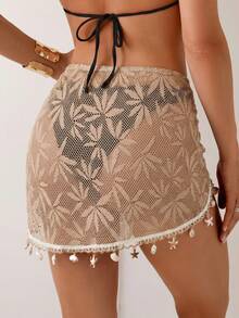 Swim Lushoire Rok Wanita Musim Panas untuk Liburan Pantai, Tali Serut, Hiasan Rumbai Motif Bintang Laut dan Cangkang, Warna Polos, Kain Tekstur Khusus, Belahan Bawah, Penutup Pakaian Renang - Khaki - View 2