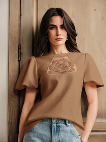 Anewsta 女士优雅度假刺绣玫瑰短款泡泡袖T恤，适合日常穿着、春夏、假日、通勤、海滩度假等场合。 - 咖啡棕 - 查看 5